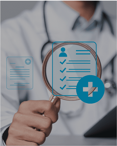 Doctor examining medical checklist through magnifying glass.