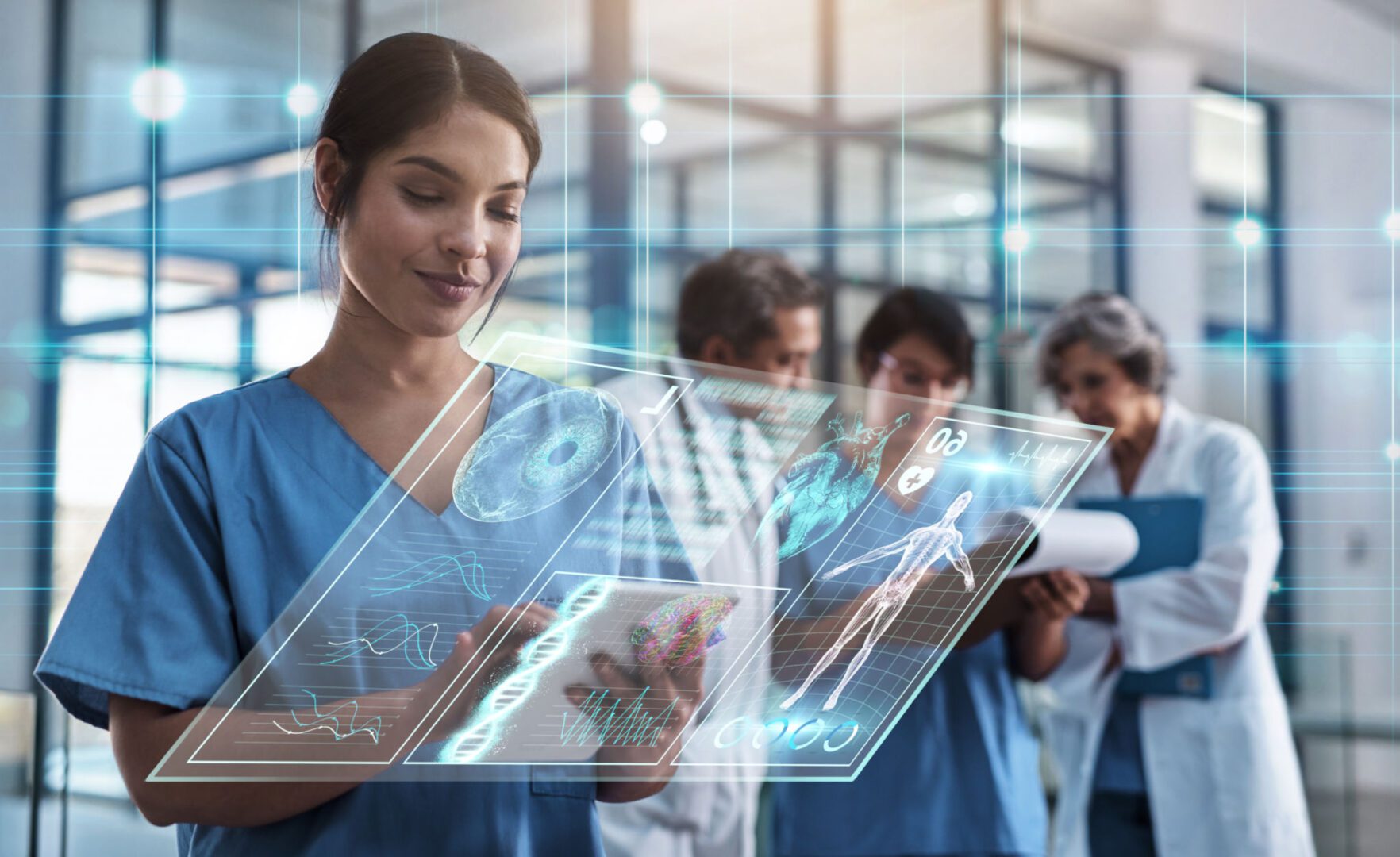 Healthcare professional using digital medical interface.